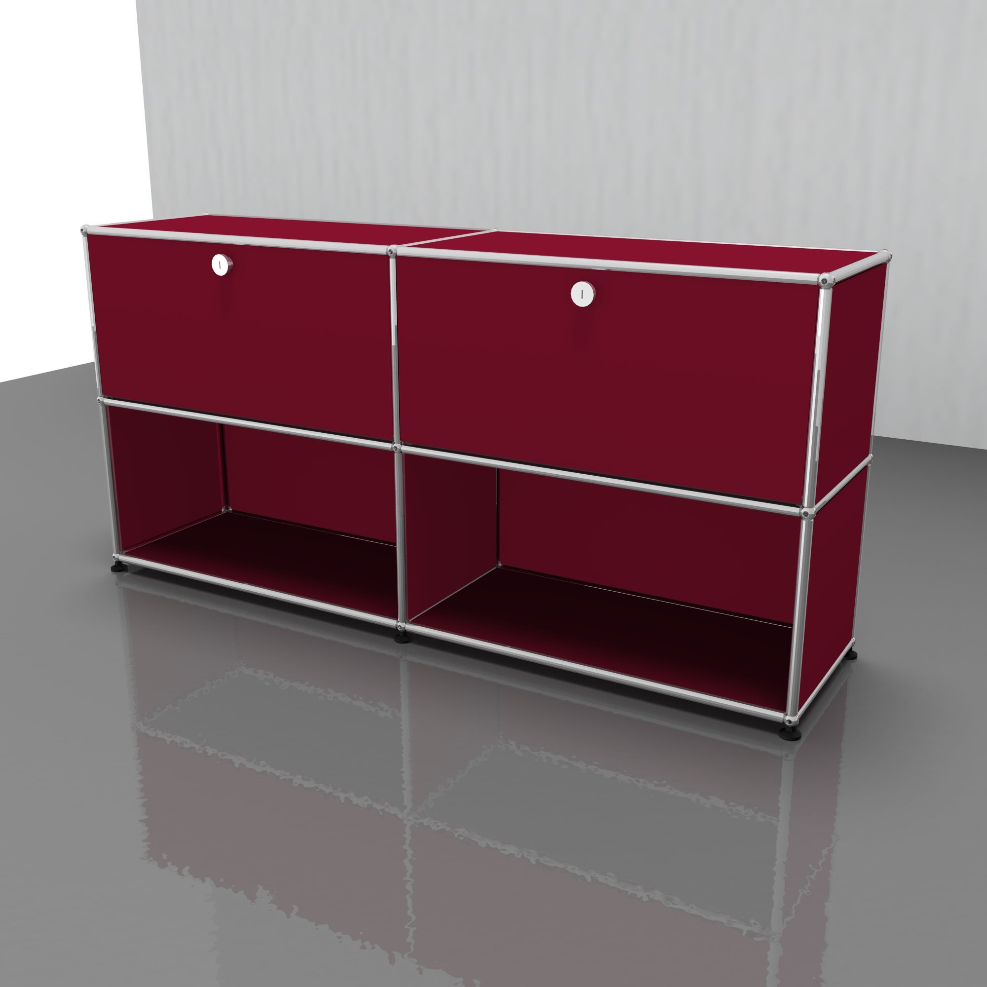 USM Haller Sideboard in Rubinrot mit zwei Klappen und verchromtem Gestell für modernes Wohnen.