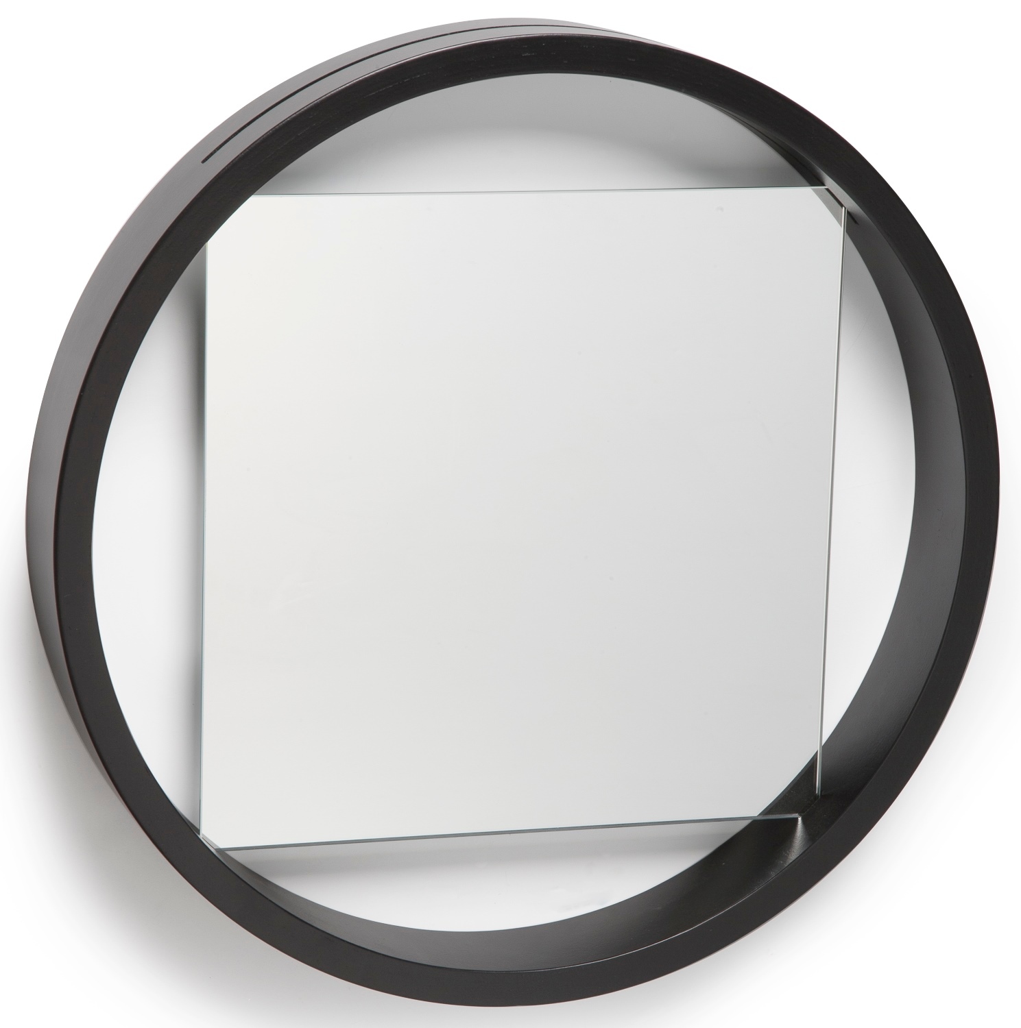 Benno Mirror Spiegel mit schwarzem, rundem Rahmen und quadratischer Spiegelfläche. Moderner Wandspiegel für stilvolle Raumgestaltung.