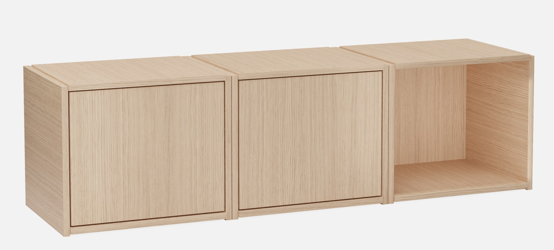 Bricks System Regal von Woud, helles Holz, modulare Regale mit Türen und offenem Fach.