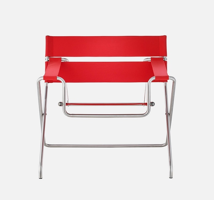 Roter Bauhaus Faltsessel von Tecta: Moderner Designklassiker mit Stahlrohrgestell und Textilbespannung.