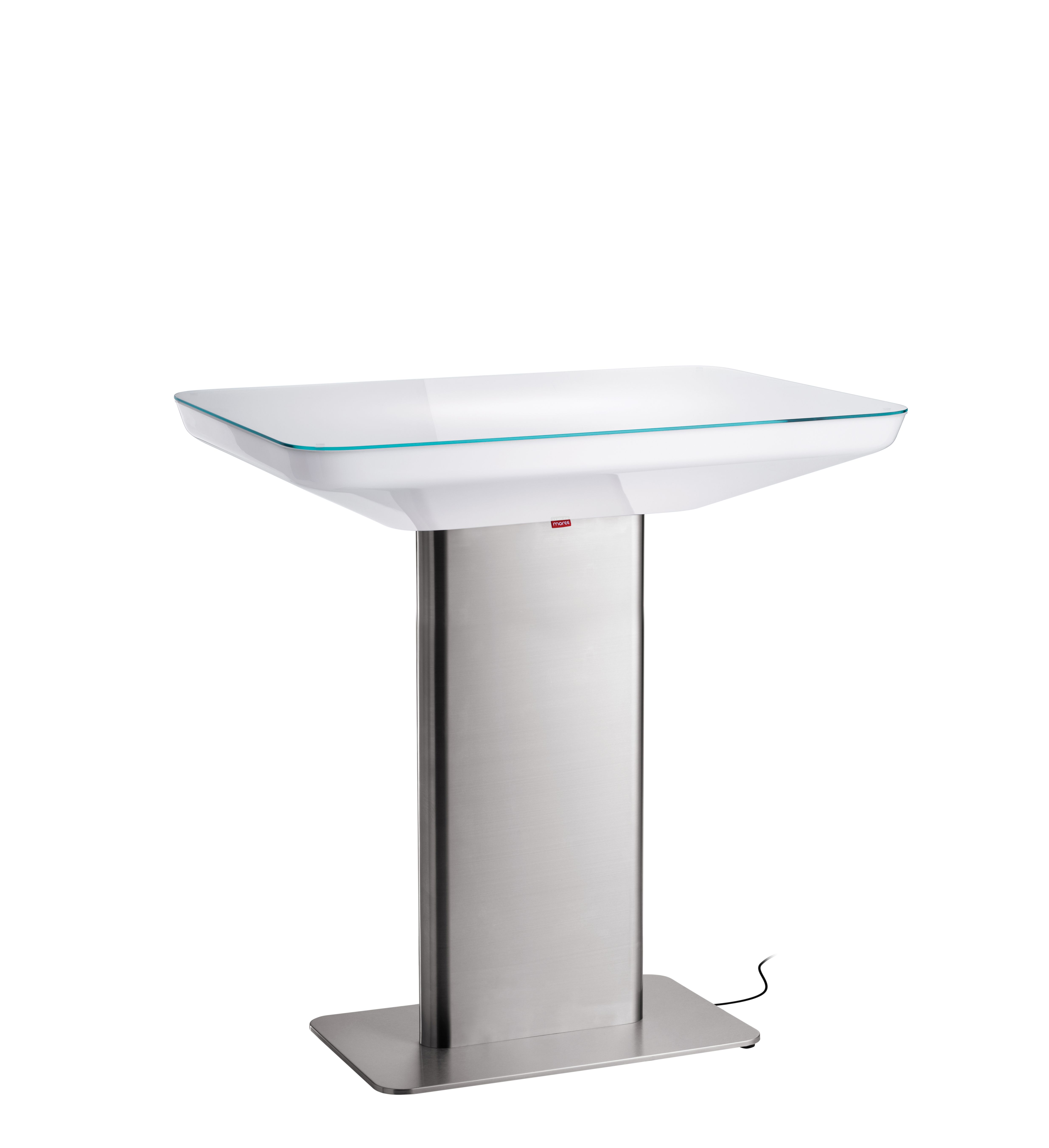 Studio 105 Stehtisch von Moree: Moderner Outdoor Stehtisch mit weißer Tischplatte und Edelstahlfuß.