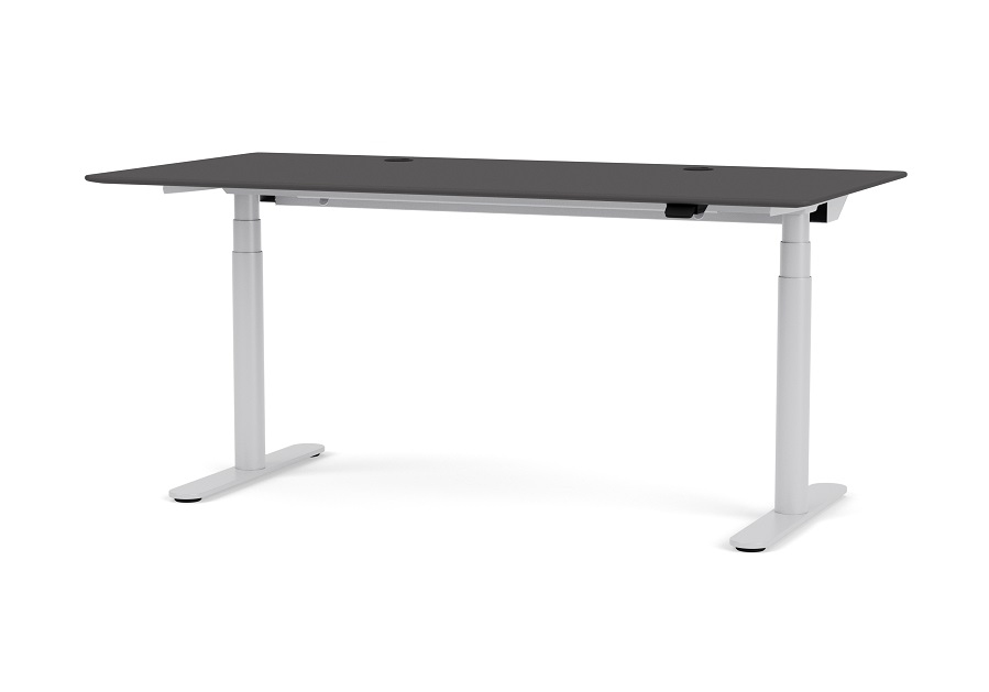 HiLow 2 Arbeitstisch: Elektrisch höhenverstellbarer Schreibtisch mit grauer Tischplatte und weißem Gestell.