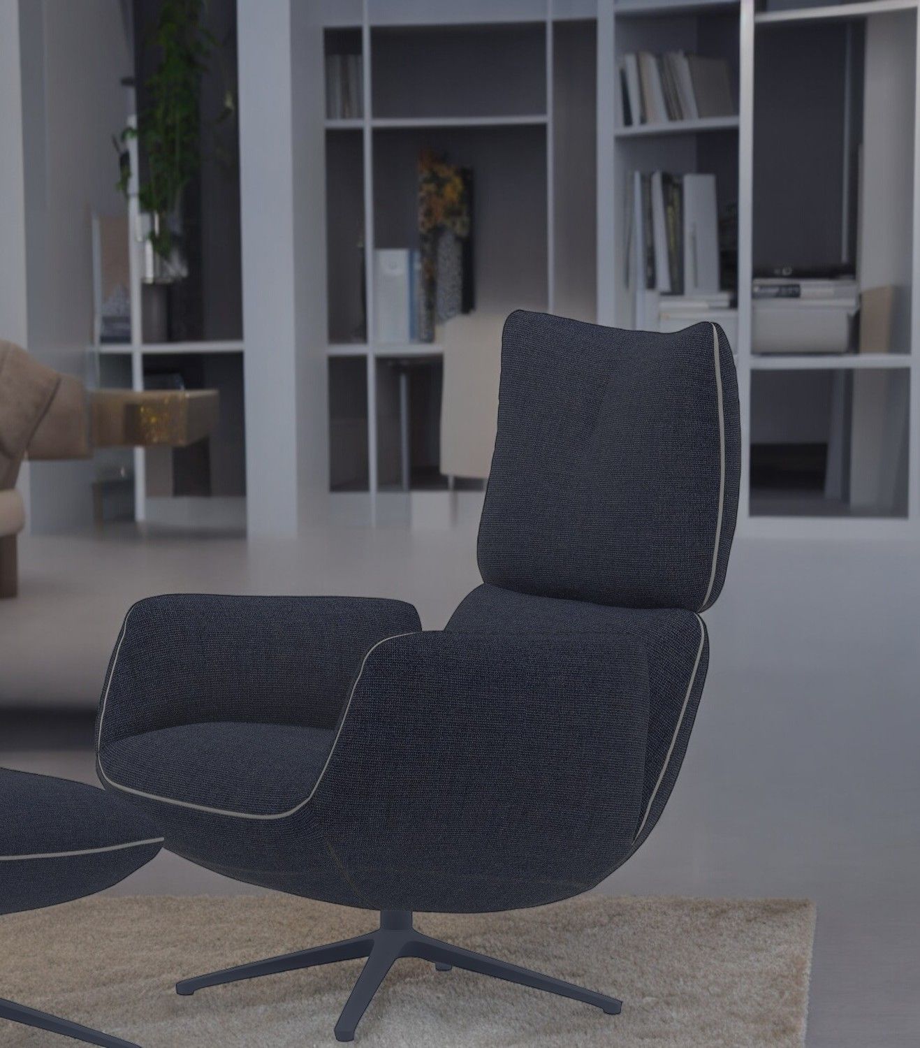 Jalis Lounge Sessel von Cor, blauer Drehsessel mit Kippmechanik und 4-Fuß Gestell.