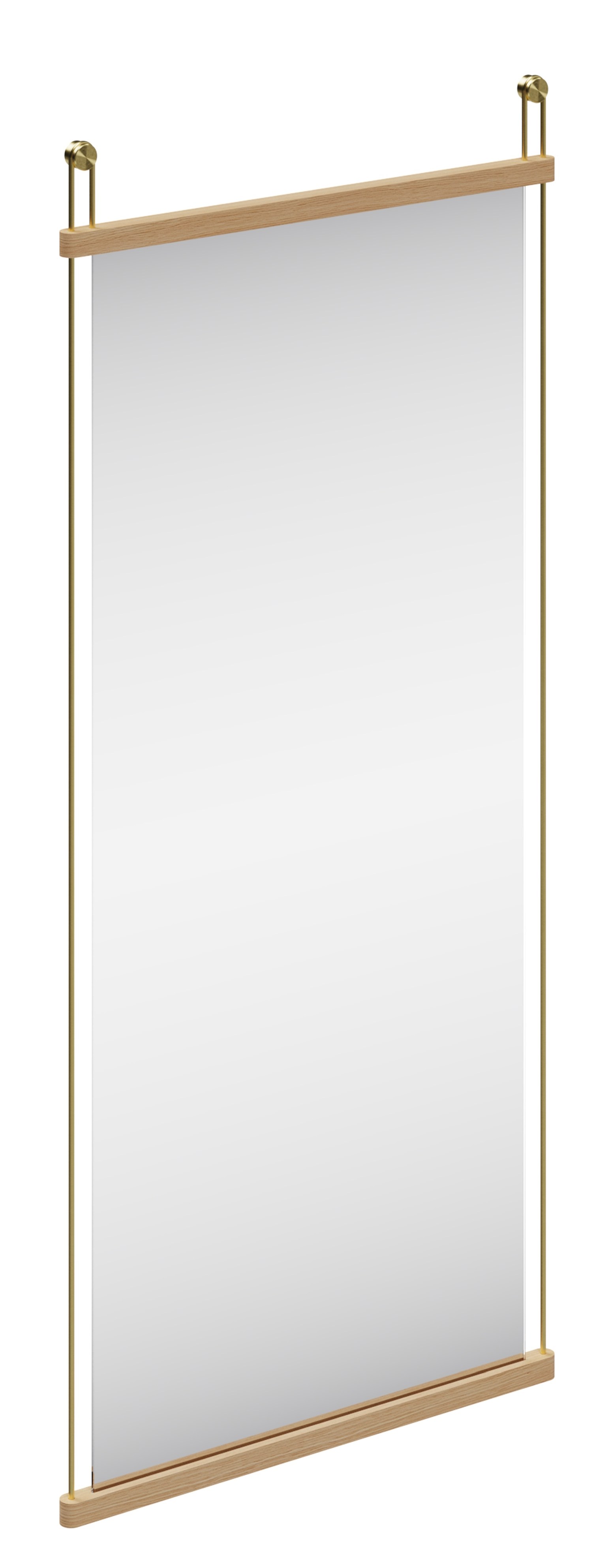 Rechteckiger Woud Spiegel "Suspended Mirror Large" mit Holzrahmen und goldenen Aufhängungen. Moderner Wandspiegel für Wohnzimmer.