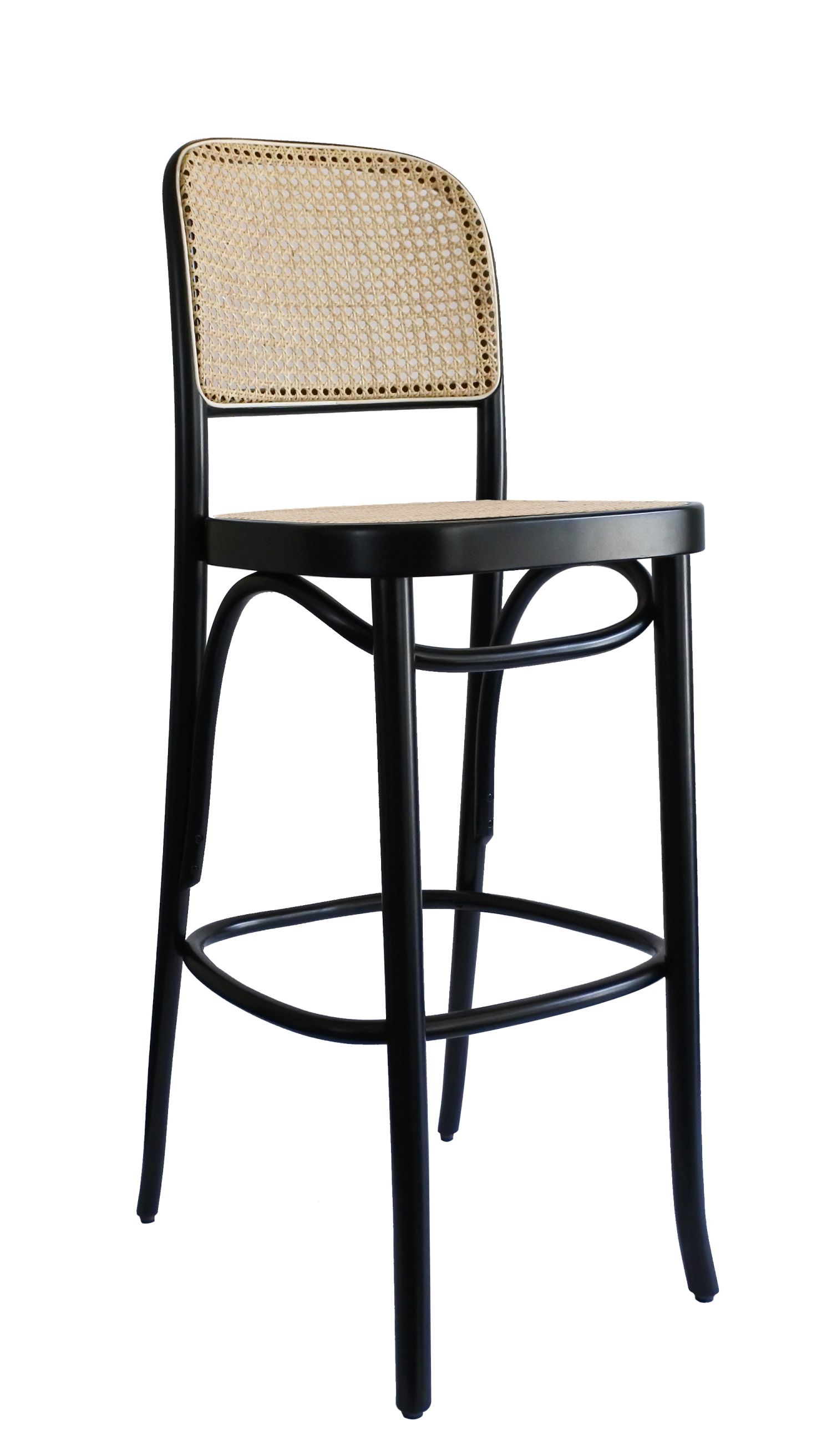 Schwarzer N. 811 Barhocker von Wiener GTV Design mit Wiener Geflecht Sitz und Rückenlehne.