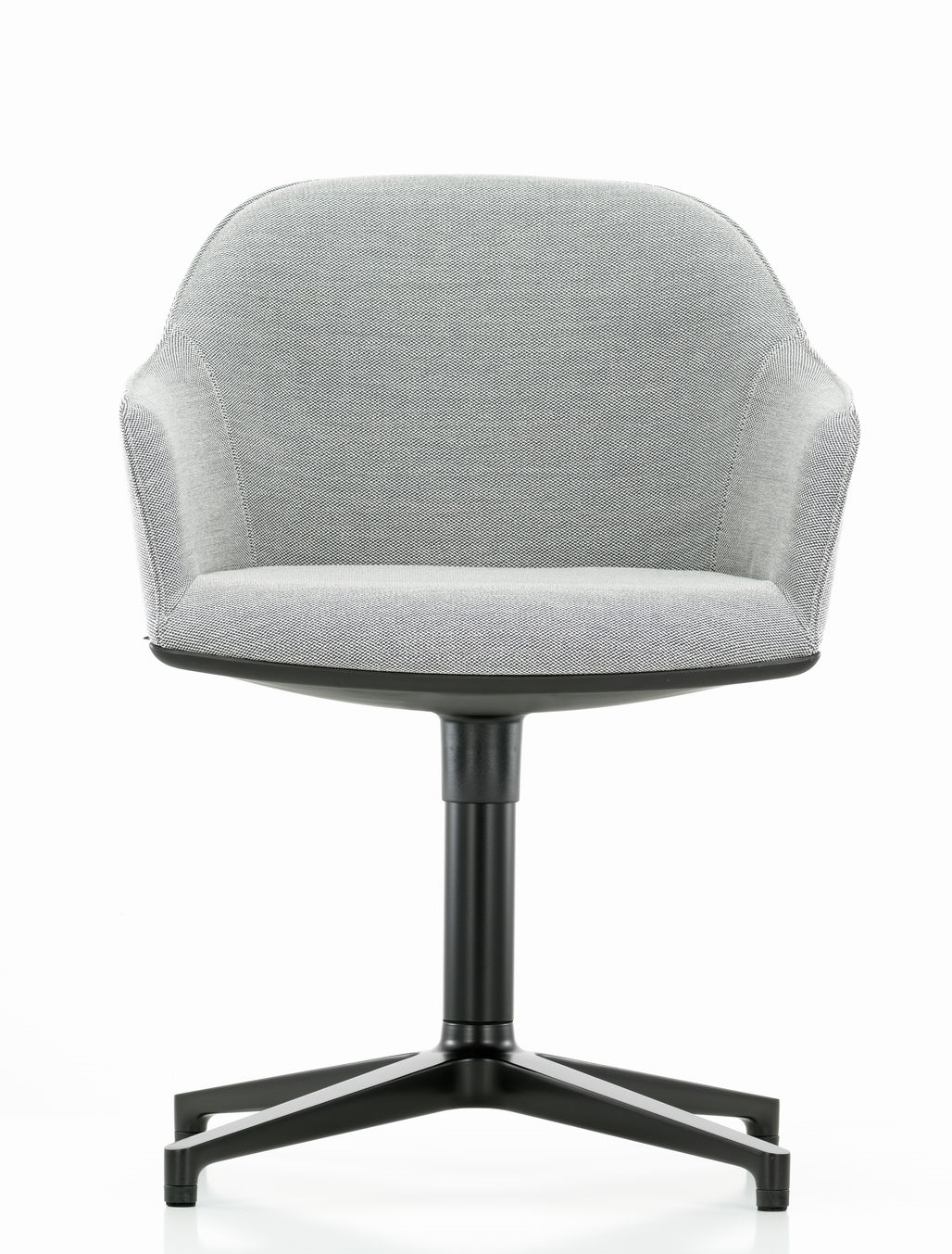 Grauer Softshell Chair von Vitra mit schwarzem Viersternfuß, Ansicht von vorne. Bürostuhl und Designklassiker.