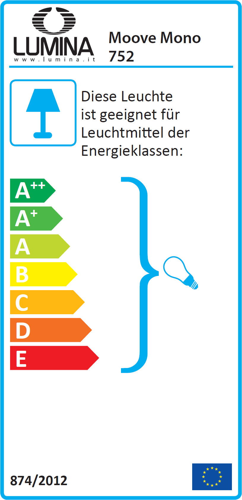 Energieeffizienzlabel der Moove Mono Pendelleuchte Lumina, von A++ bis E.