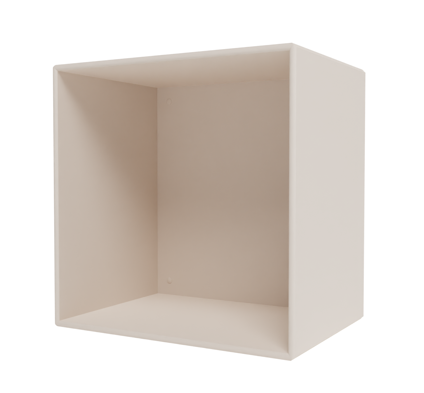 Beige Montana Mini Modul, ein offenes, quadratisches Regal zur Wandmontage oder als Nachttisch.