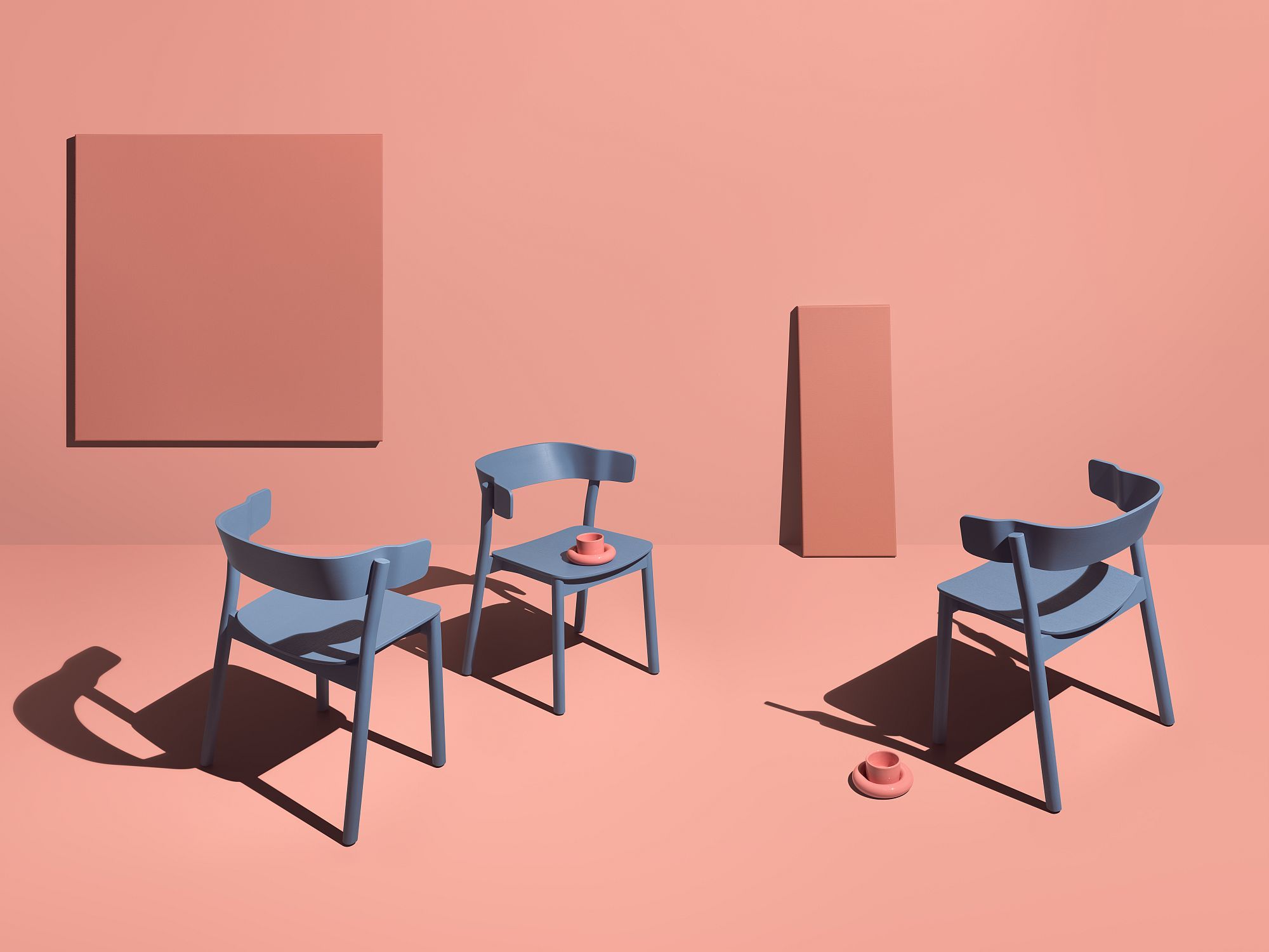 Drei blaue Enfold Stühle von Mizetto auf lachsfarbenem Hintergrund, modernes Möbeldesign.