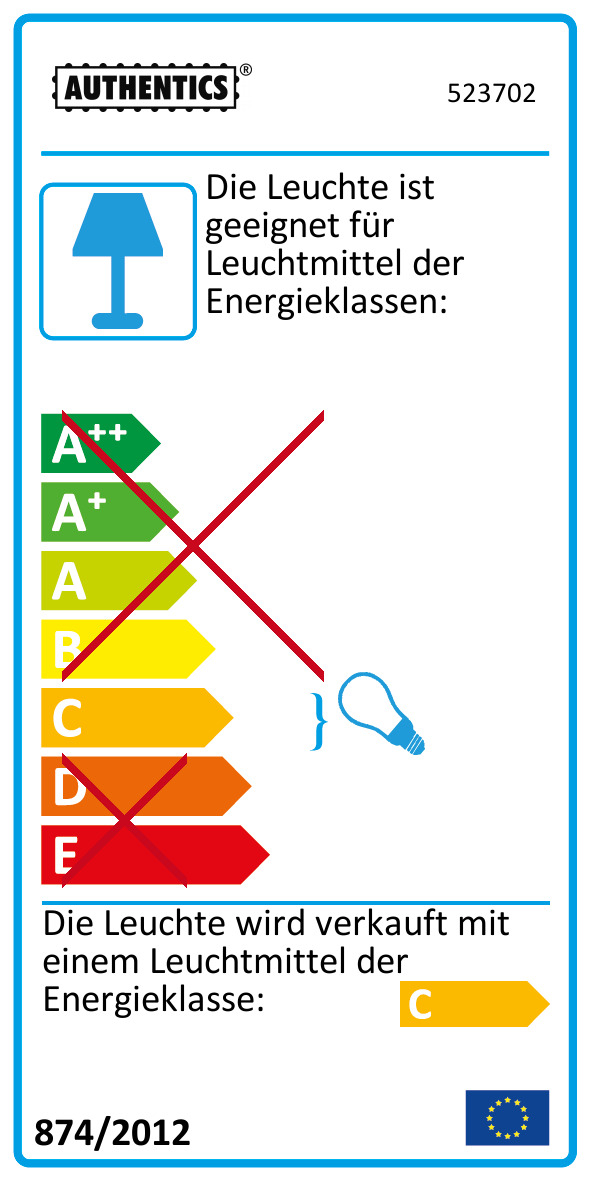 Energieetikett für Leuchte, geeignet für Leuchtmittel der Energieklassen A++ bis E.