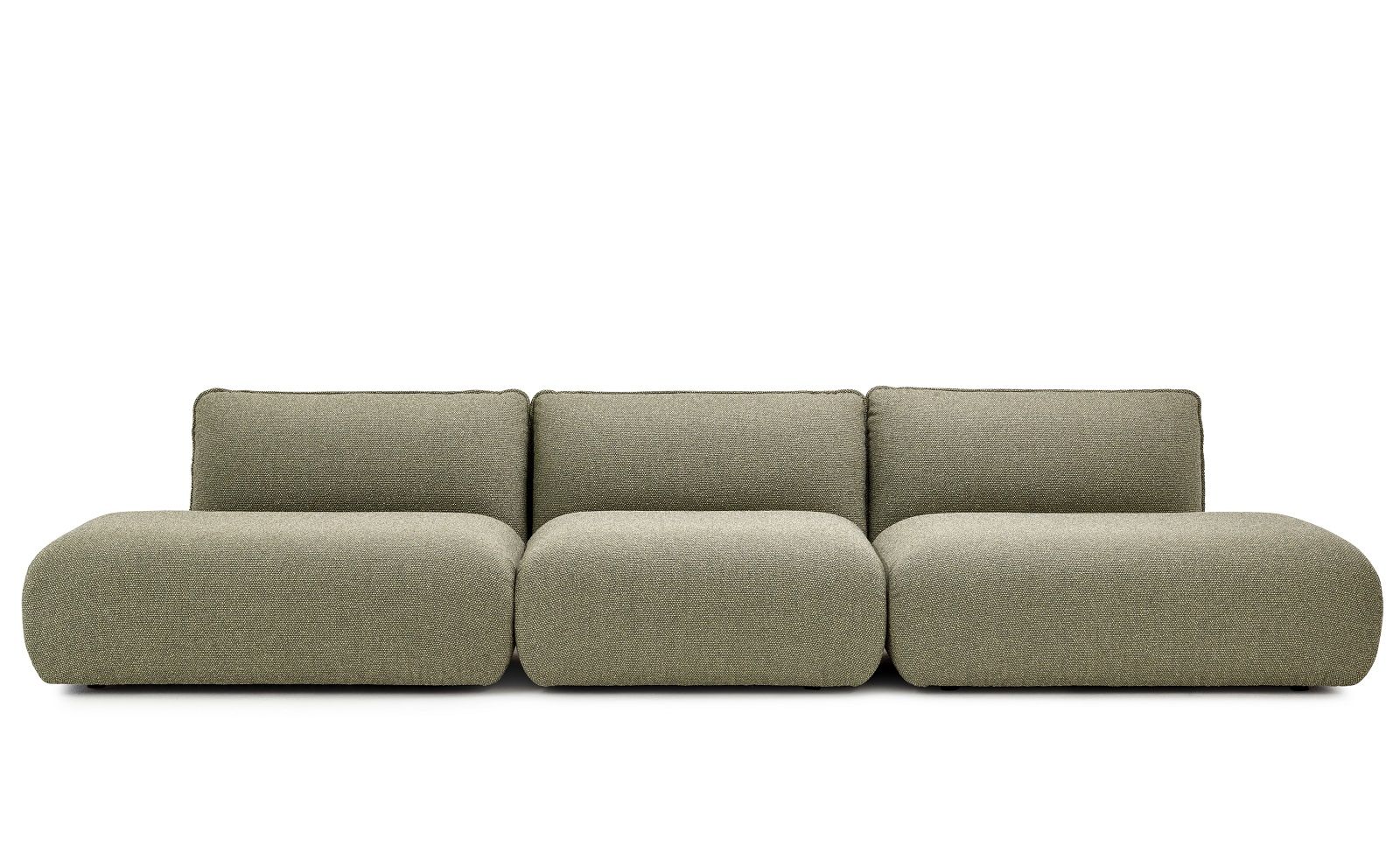 Mia Modulares Sofa von Freifrau Manufaktur, Kombinationsvorschlag 2 in olivgrünem Stoffbezug.