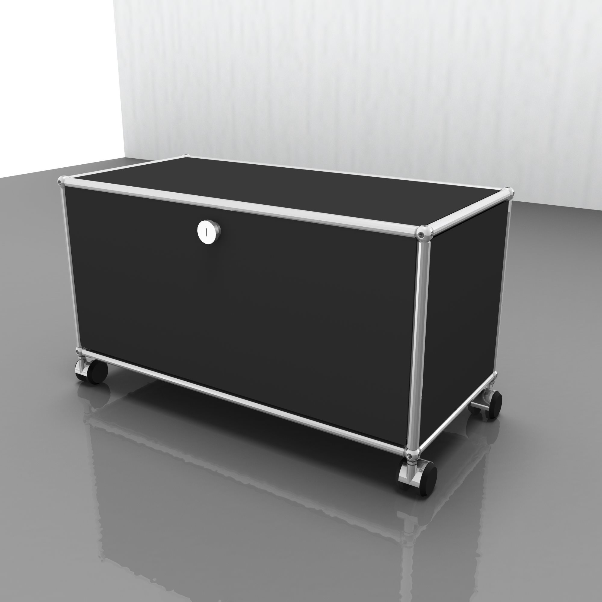 Anthrazitgraues USM Haller TV-Möbel mit Rollen und abschließbarer Tür, modernes Hi-Fi-Möbel für Wohnzimmer.