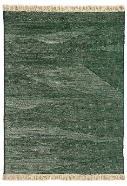 Nanimarquina Telares Teppich Pine, 250x350 cm, grüner Wollteppich mit abstraktem Muster und Fransen.