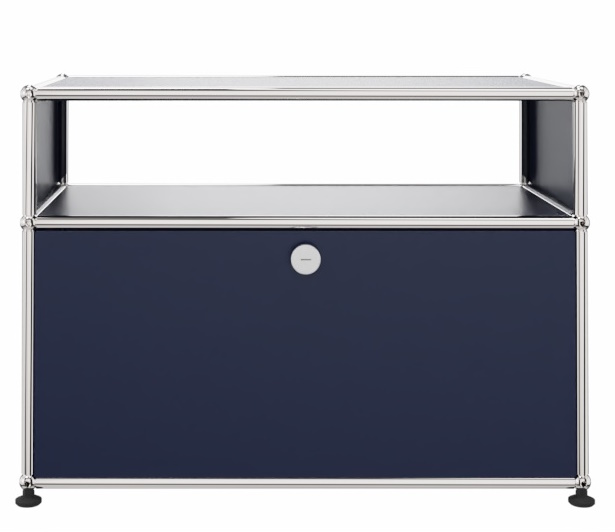 USM Haller Beistelltisch in Stahlblau mit einer Schublade und verchromtem Gestell für Wohnzimmer und Büro.