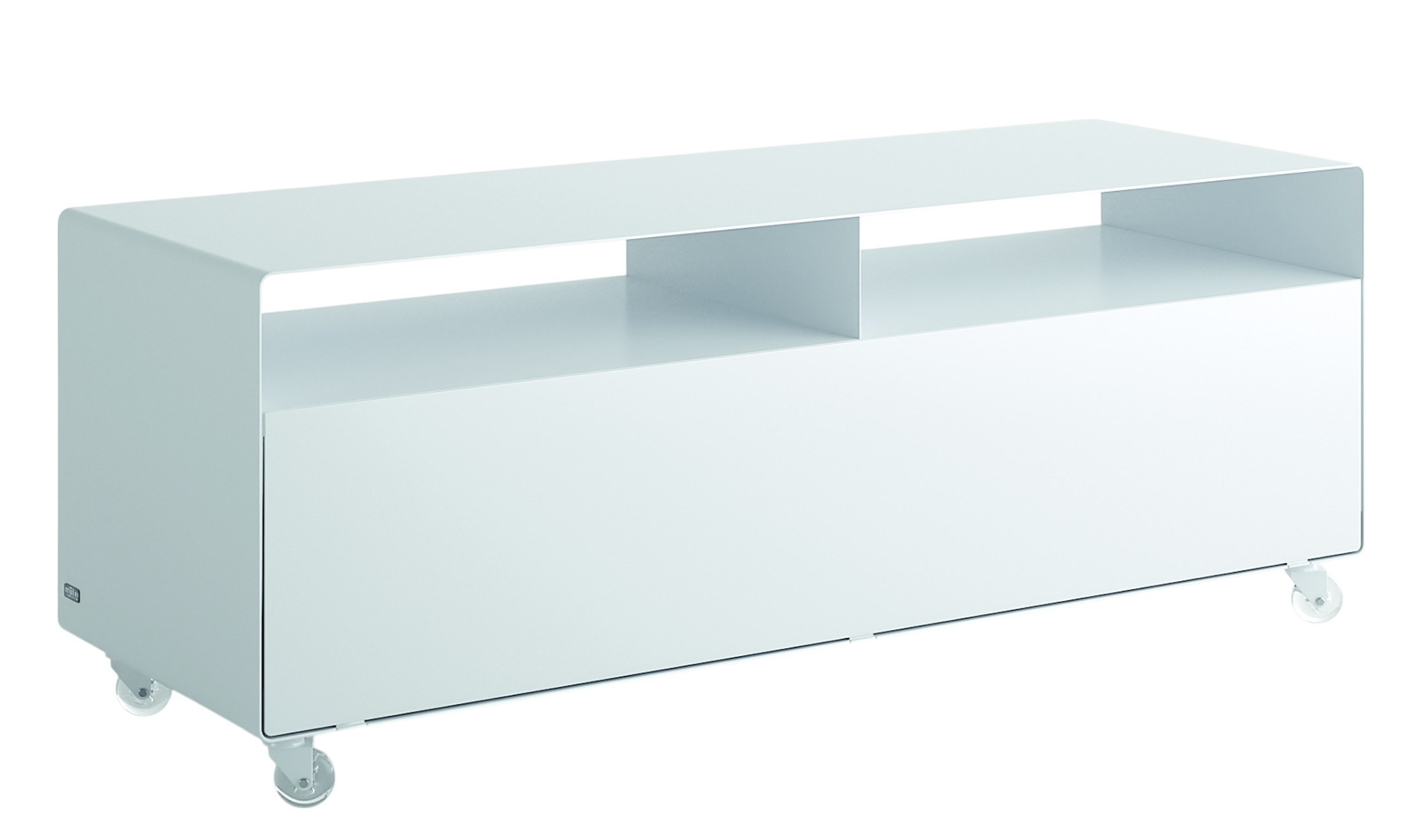 Weißes R109N Sideboard von Müller Möbelfabrikation mit Rollen. Modernes Möbelstück für Wohnzimmer und Büro.