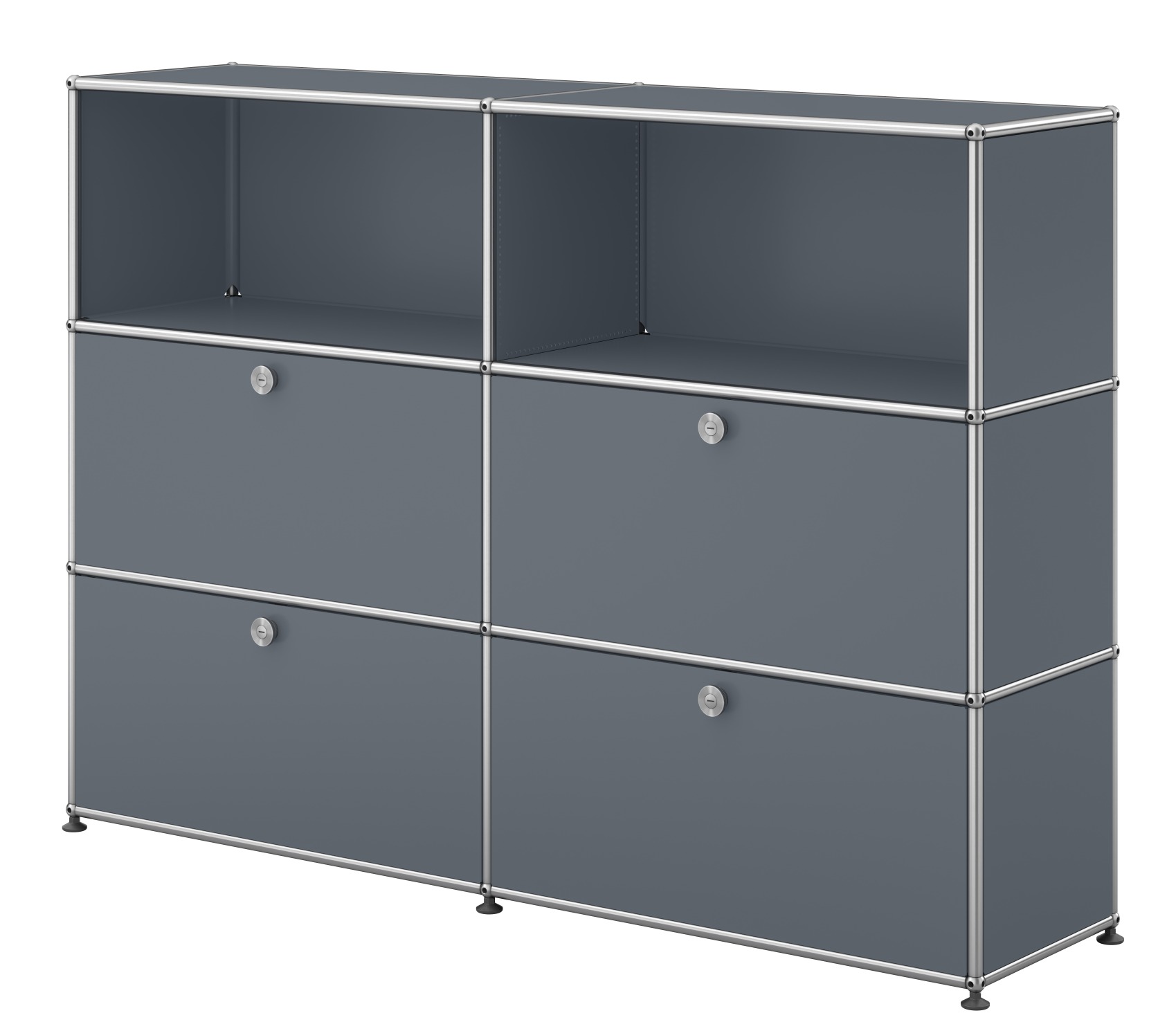 USM Haller Sideboard in Mittelgrau mit vier Klappen, modulare Aufbewahrung und modernem Design.