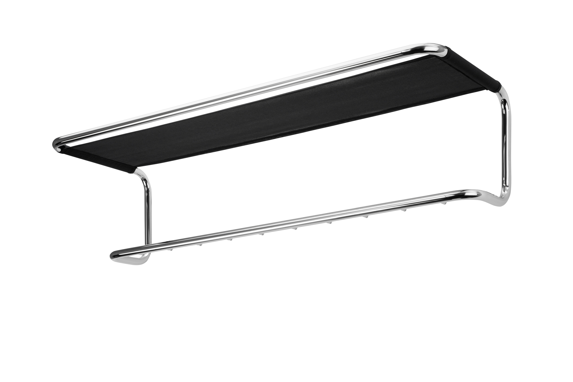 Thonet Wandgarderobe S 1520 mit Ablagefläche aus schwarzem Netzgewebe und verchromtem Stahlrohr.