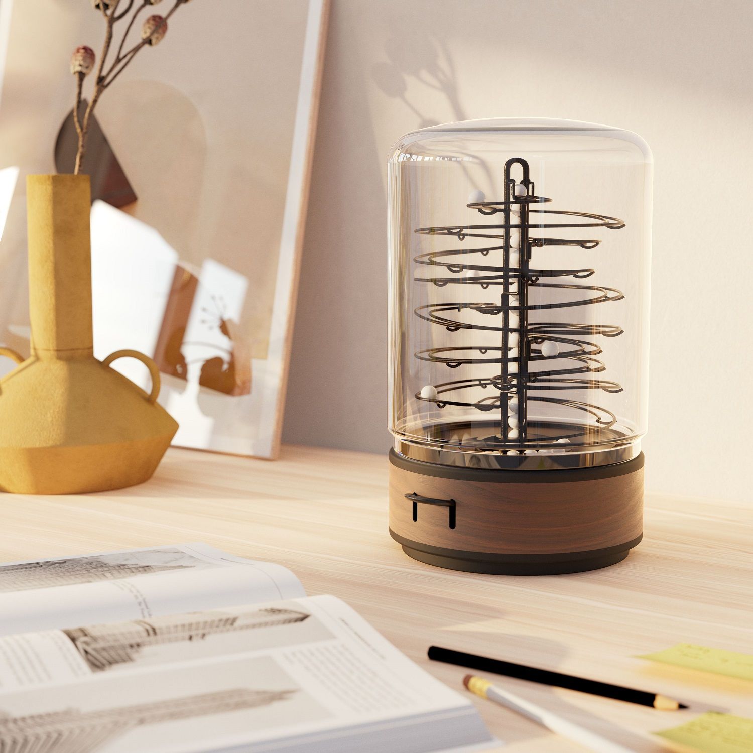 ElectRoll Classic White: Kugelbahn-Gadget mit USB-C Anschluss unter Glasglocke auf einem Schreibtisch.