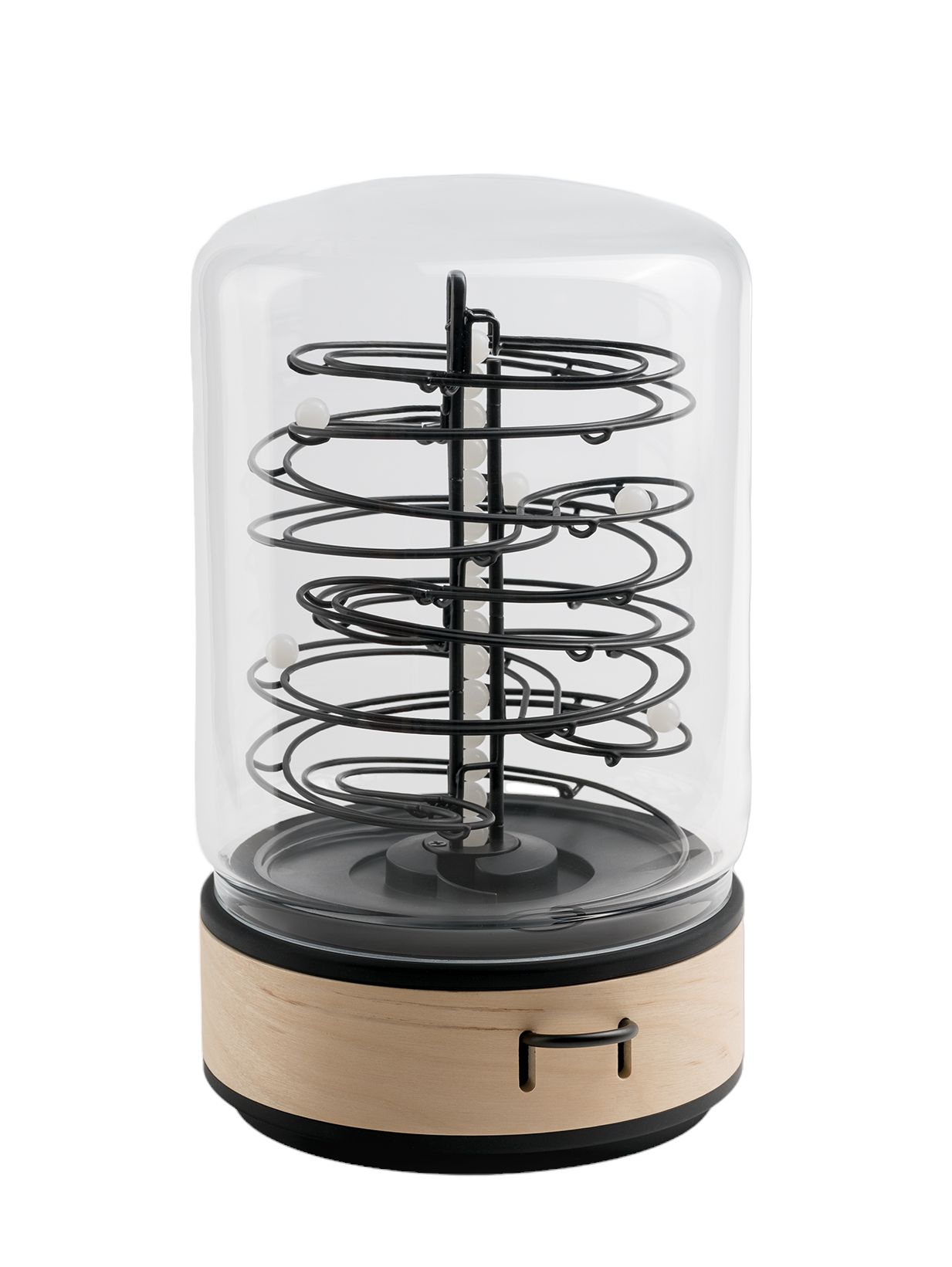 ElectRoll Classic Birch Kugelbahn mit USB-C Kabel in Glasglocke auf Holzsockel.