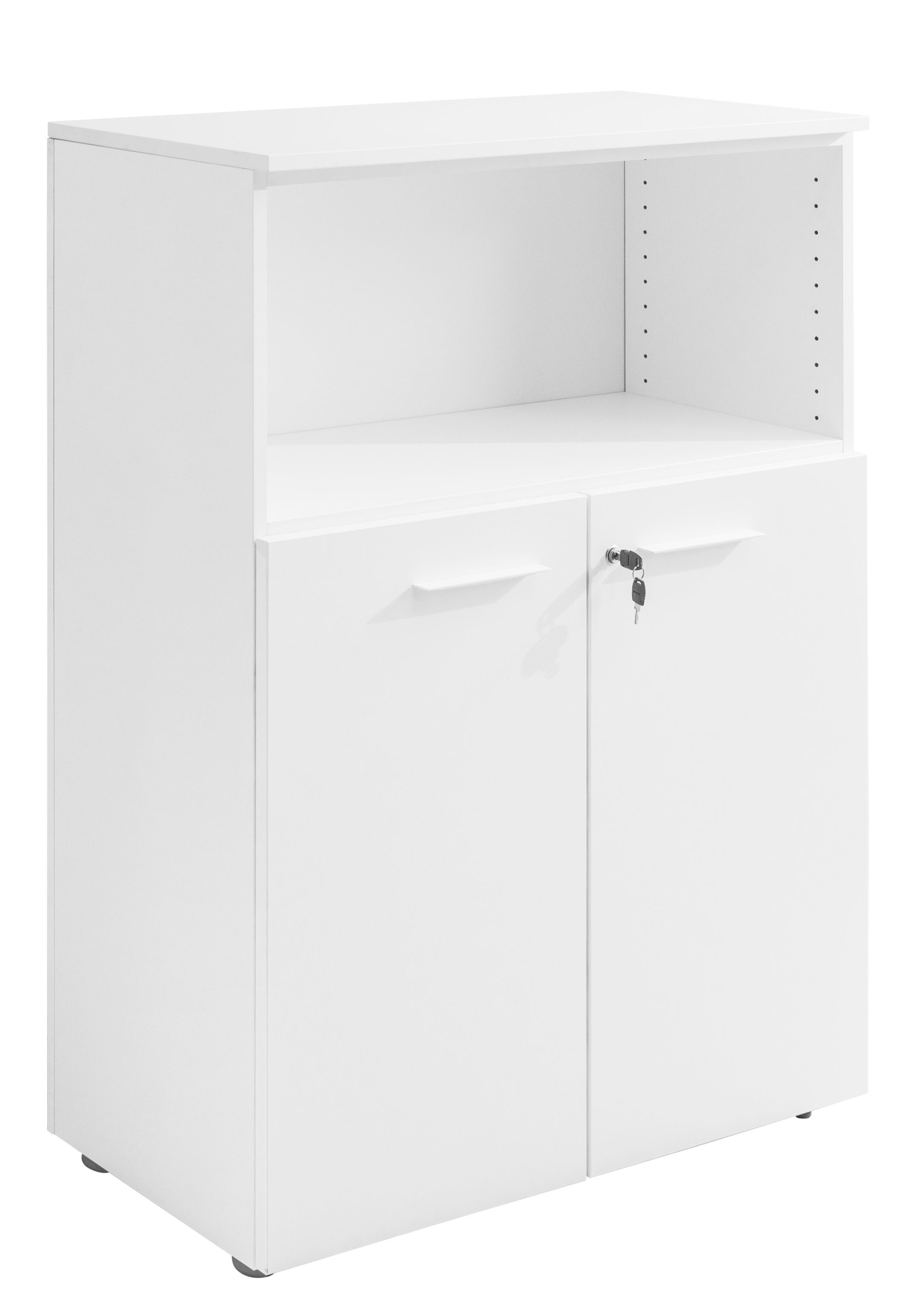 Weißes Sideboard mit Drehtüren und offenem Fach, Frezza EINZELSTÜCK, Büromöbel zur Aufbewahrung.