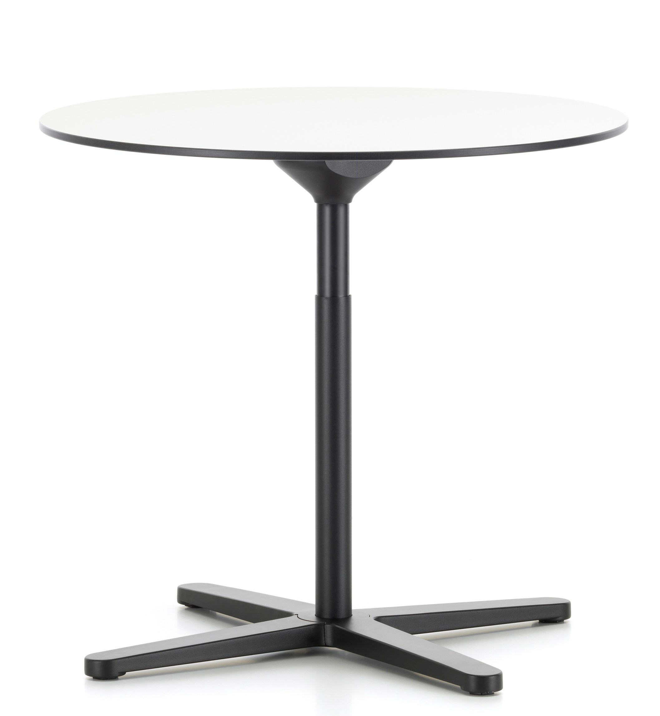 Weißer, runder Vitra Super Fold Table Faltbarer Tisch mit schwarzem Fuß auf weißem Hintergrund.