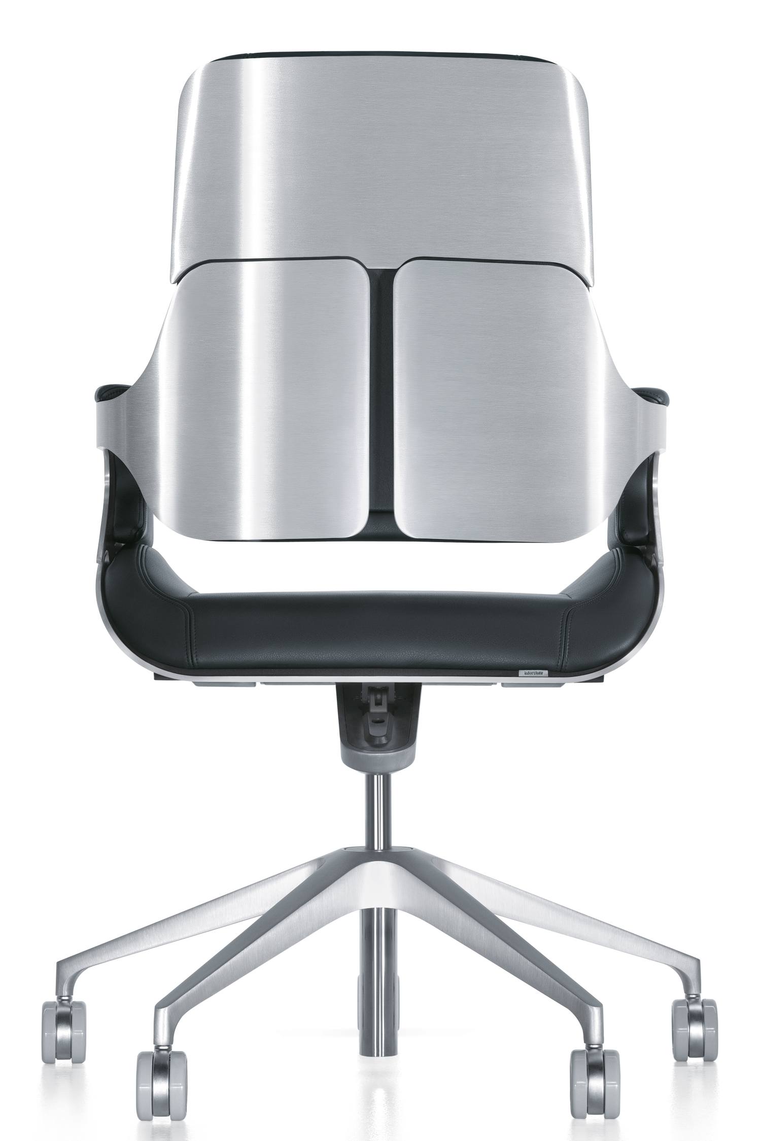 Rückansicht: Silver SV10P Bürostuhl Interstuhl, mittelhoch, silberfarbenes Gestell, schwarzer Sitz, ergonomisch.