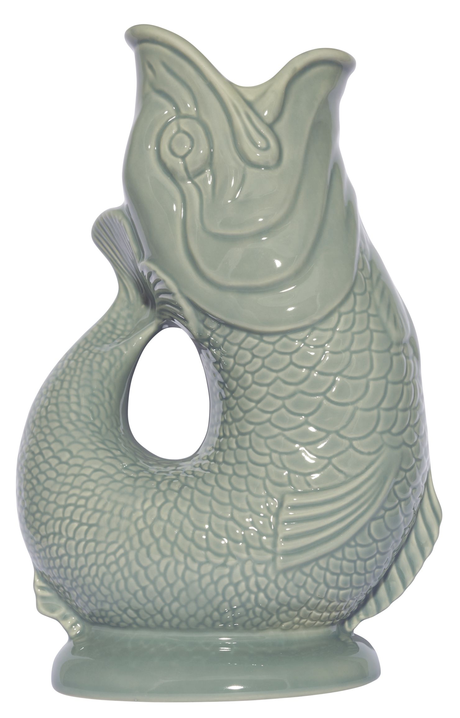 Gluckigluck Karaffe in Salbeigrün XL: Keramik Wasserkrug in Fischform, dekorative Vase für Blumen.