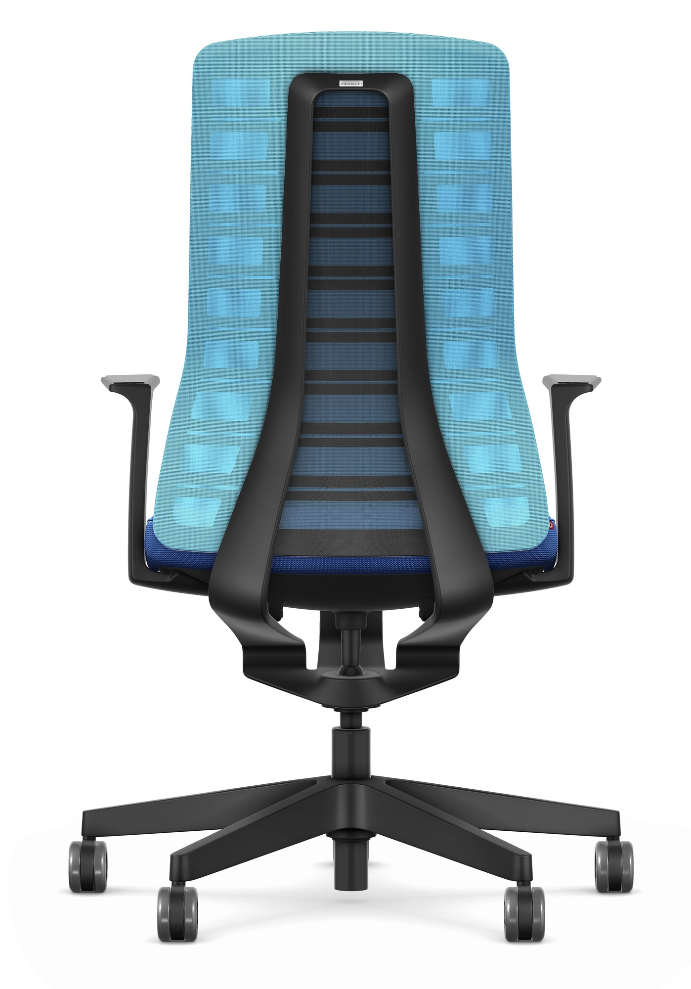 Rückansicht des hellblau-blauen Interstuhl Bürodrehstuhls Pure Edition Active mit schwarzem Fußkreuz.