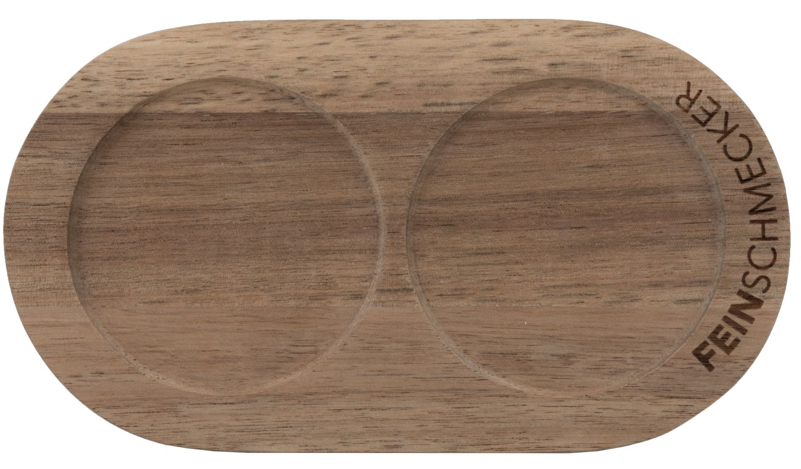 Holztablett für Tischgewürze "Feinschmecker", oval mit zwei runden Aussparungen für Öl und Essig.