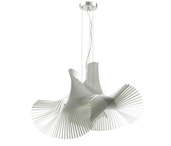 Weiße Mini Mikado Pendelleuchte von LZF Lamps, moderne Hängeleuchte aus Holzfurnier.