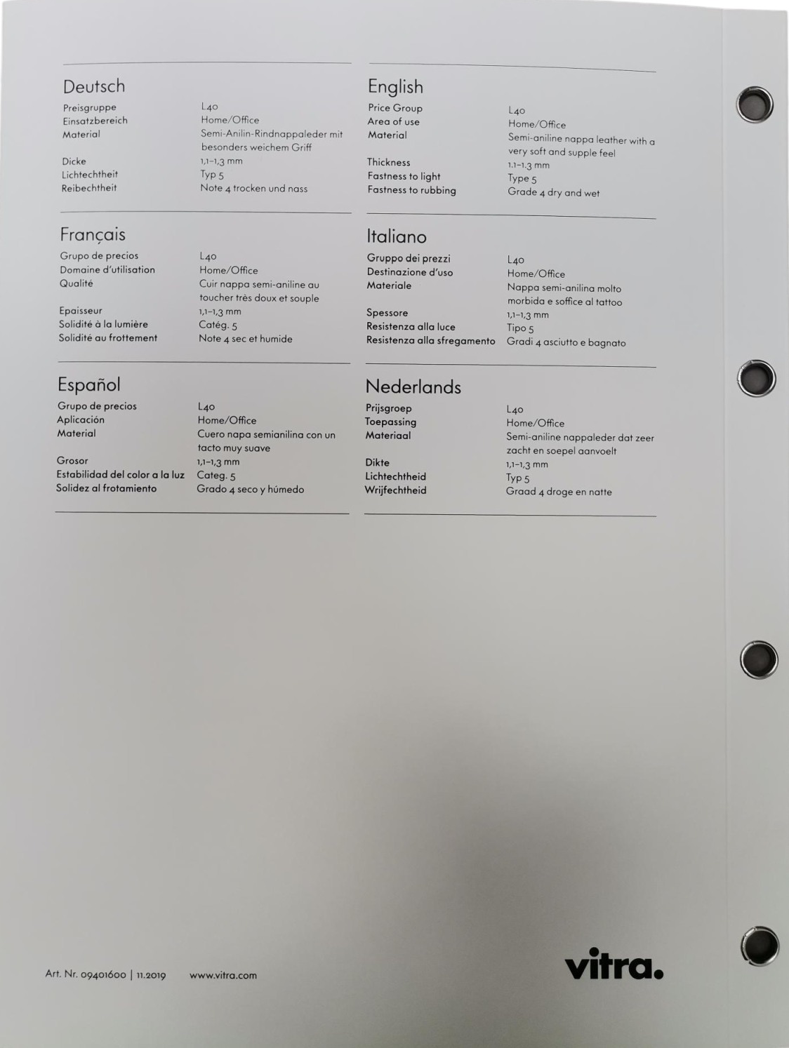 Ledermusterkarte Vitra: Nahaufnahme der Premium Lederkollektion mit verschiedenen Ledervarianten und Materialinformationen.