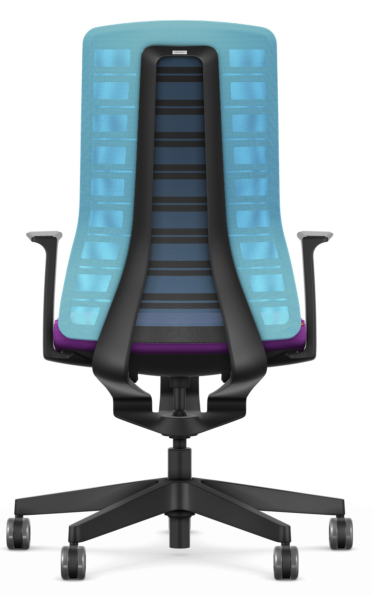Rückansicht des hellblau-lila Interstuhl Bürostuhls mit Netzrücken und schwarzem Fußkreuz.