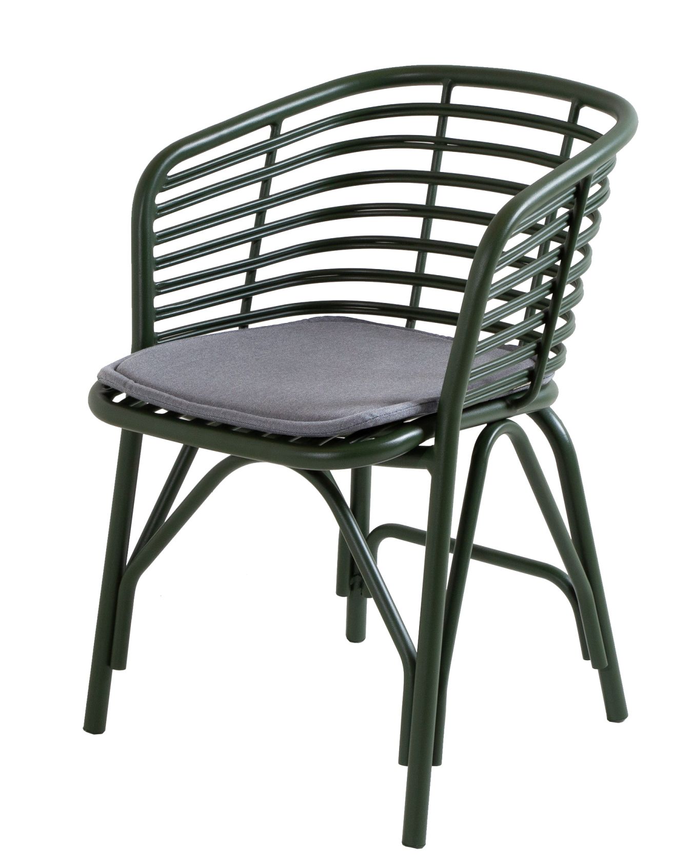 Graues Cane-Line Sitzkissen auf einem grünen Outdoor Sessel. Bequemes Kissen für Gartenmöbel.