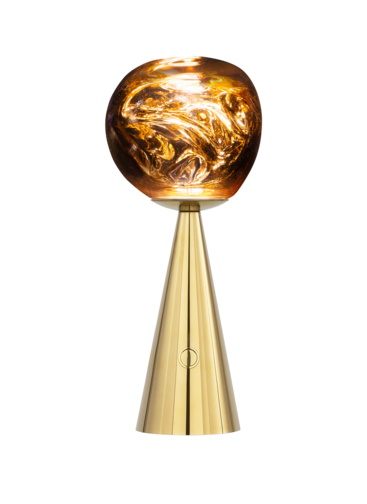 Goldene Melt LED Tischleuchte von Tom Dixon mit marmorierter Kugel als Lampenschirm.