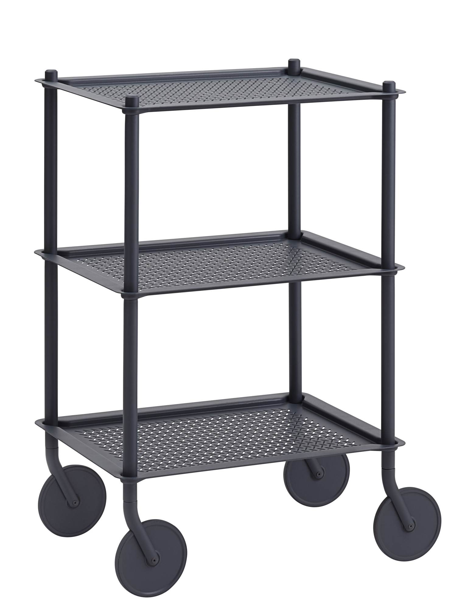 Muuto Flow Trolley Servierwagen mit drei Ablageflächen und Rollen, modernes Möbeldesign für Küche und Wohnzimmer.