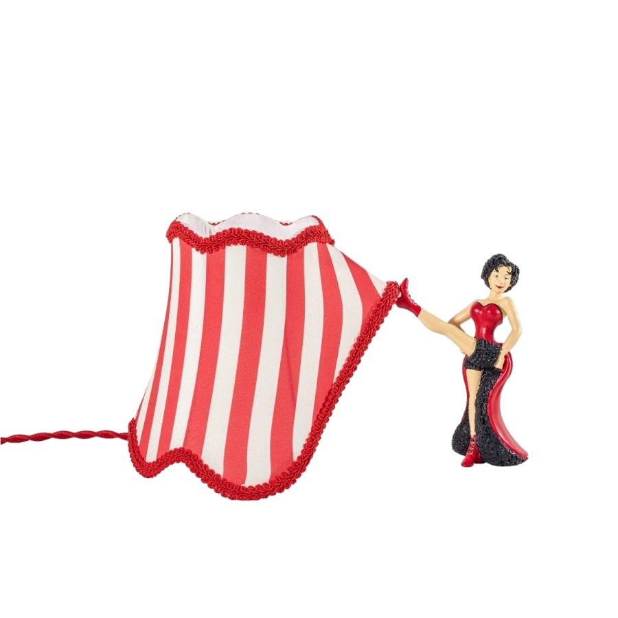 Circus AbatJour Leuchte Lucy: Lampe mit rot-weiß gestreiftem Schirm und Burlesque-Figur.