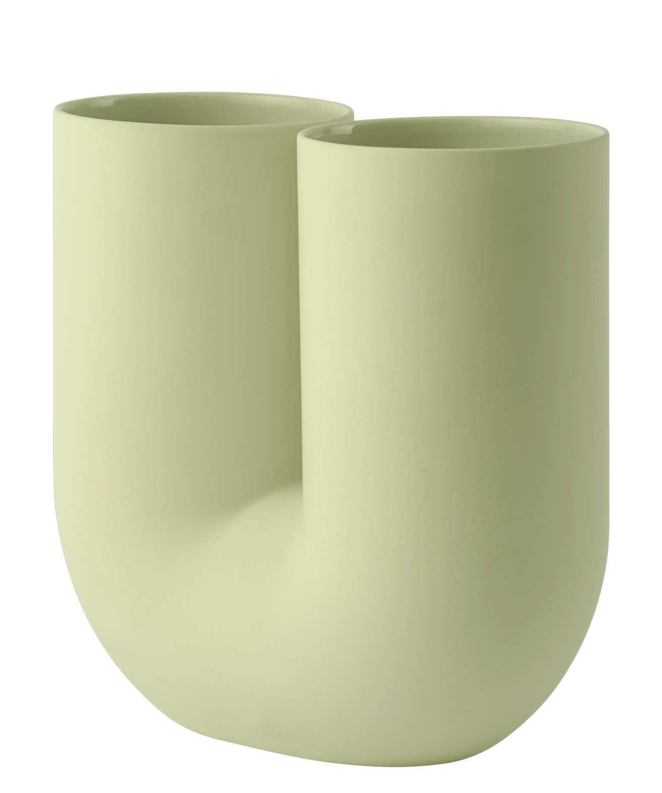 Hellgrüne Kink Vase von Muuto, moderne Keramikvase mit zwei Öffnungen für Blumenarrangements.