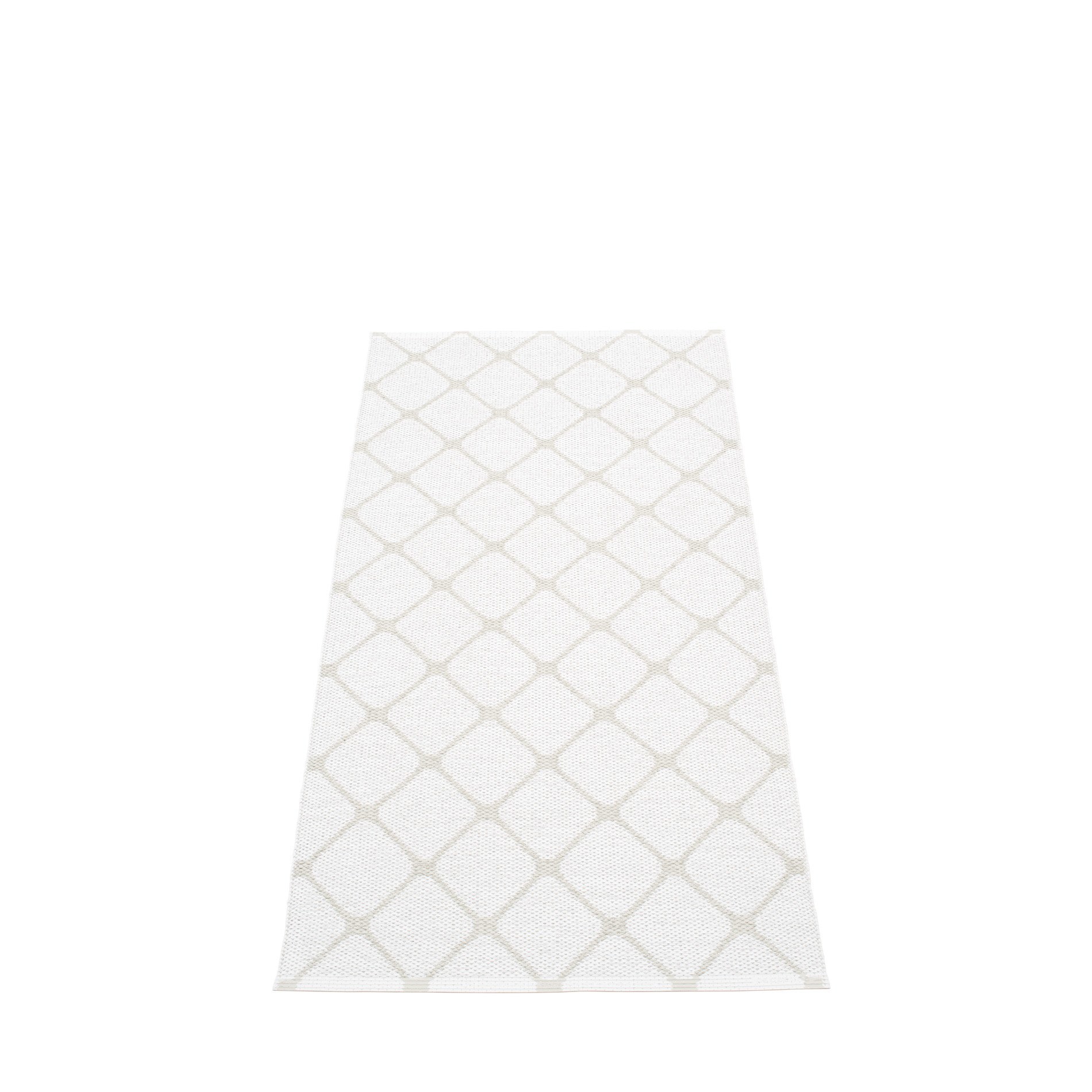 Rex Kunststoffteppich von Pappelina, 70x160 cm, Fossil Grau-Weiß, mit geometrischem Rautenmuster.