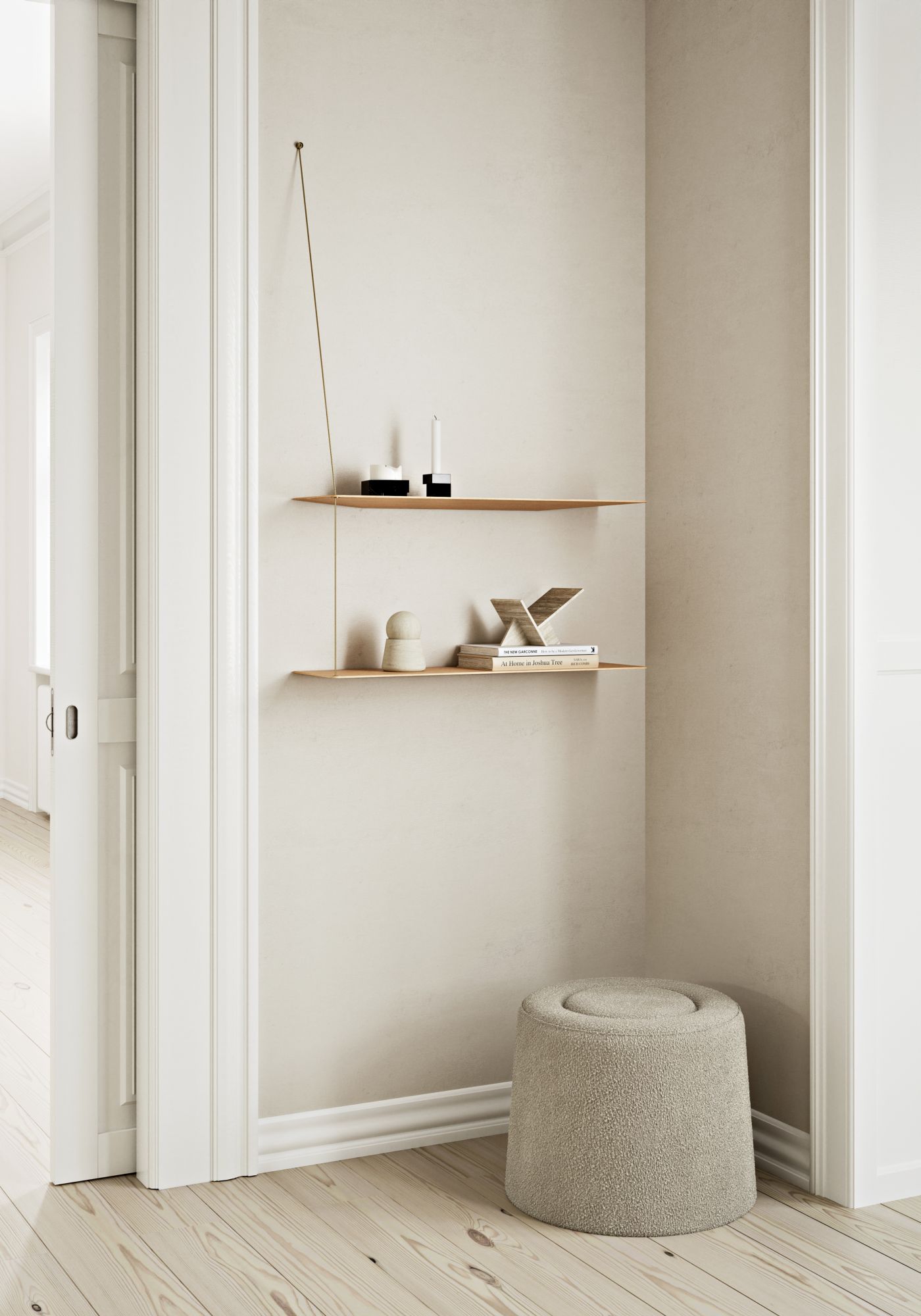 Beiger Praline Hocker von Woud, Ø52cm, im minimalistischen Flur mit Regalen. Sitzhocker für Wohnzimmer.