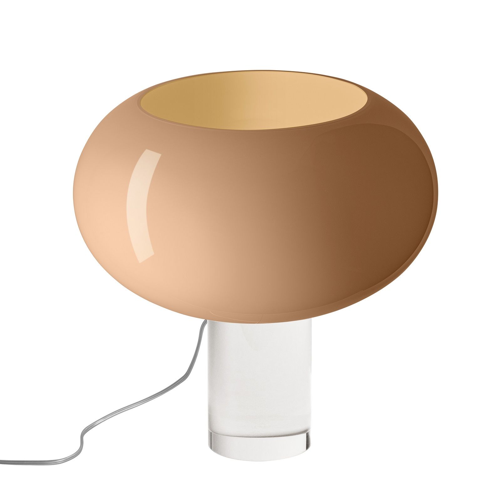 Buds 2 Tischleuchte von Foscarini in Cipria: Moderne Designlampe mit rundem Lampenschirm und weißem Fuß.