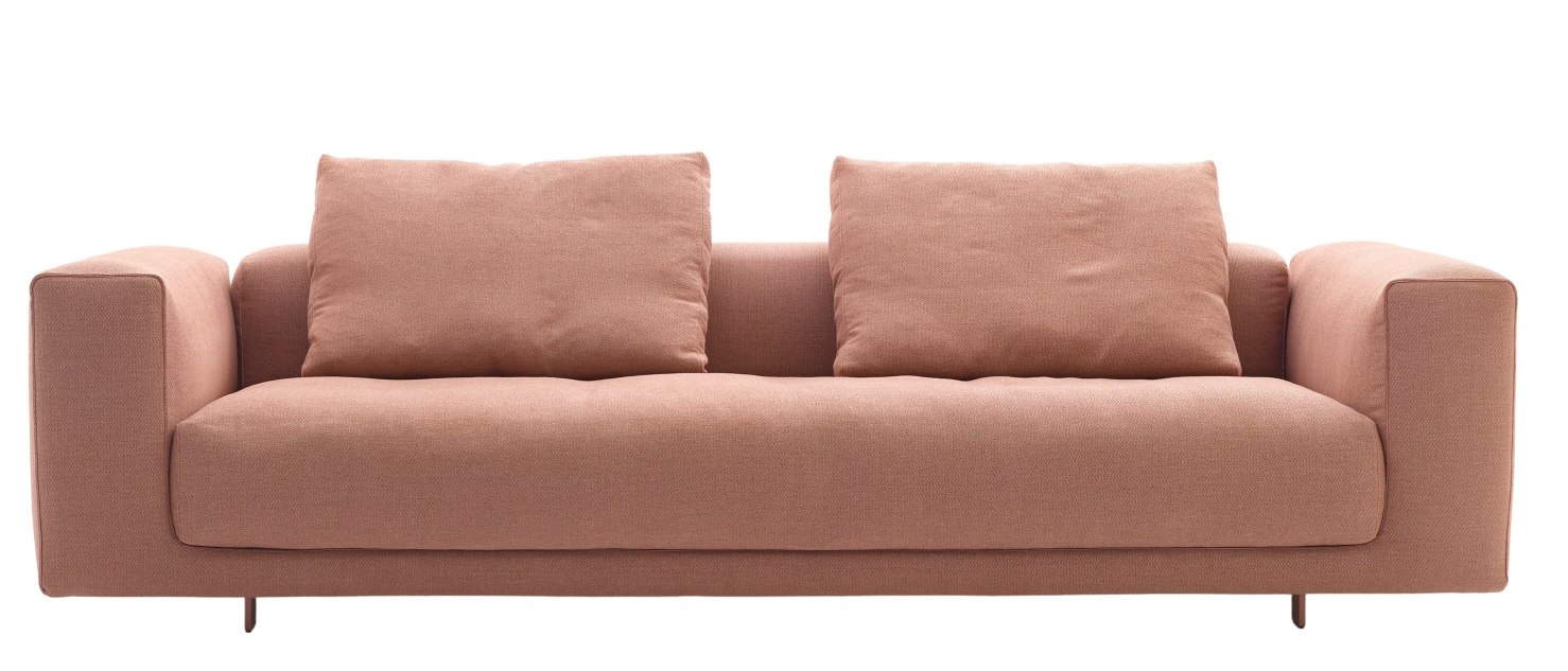 Moss Sofa: Modernes 3-Sitzer Sofa in Rosa mit zwei quadratischen Kissen, bequemes Wohnzimmermöbel.