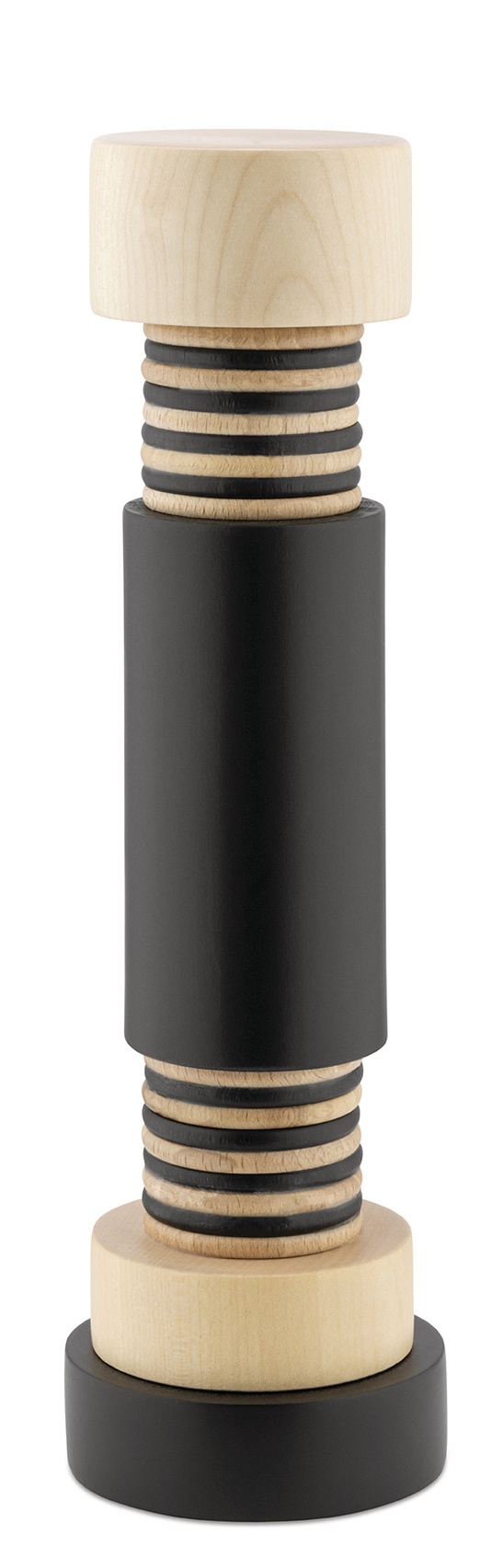 Alessi MP0215 Gewürzmühle aus Holz und schwarzem Kunststoff, moderne Salz- und Pfeffermühle.