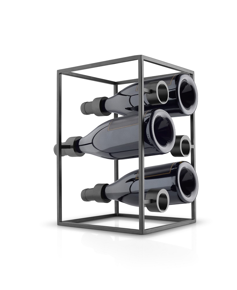 Nordic Wine Cube Weinregal: Moderner, schwarzer Würfel zur Aufbewahrung von drei Weinflaschen.