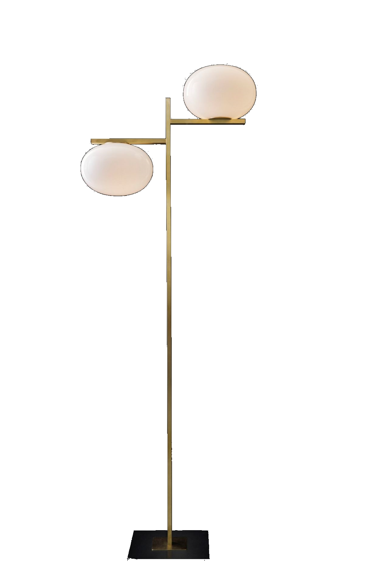 Alba Stehleuchte von Oluce: Moderne Stehlampe mit zwei opalweißen Glasschirmen und goldfarbenem Gestell.