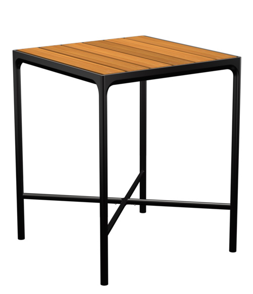 Quadratischer Houe Bar Tisch für den Außenbereich mit Holzplatte und schwarzem Stahlgestell.