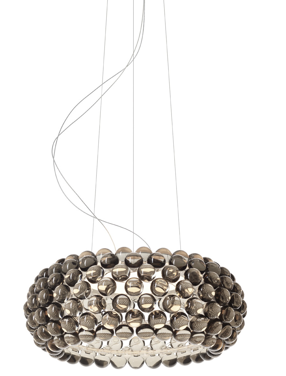 Graue Caboche Media Pendelleuchte von Foscarini mit LED-Beleuchtung, bestehend aus vielen transparenten Kugeln.