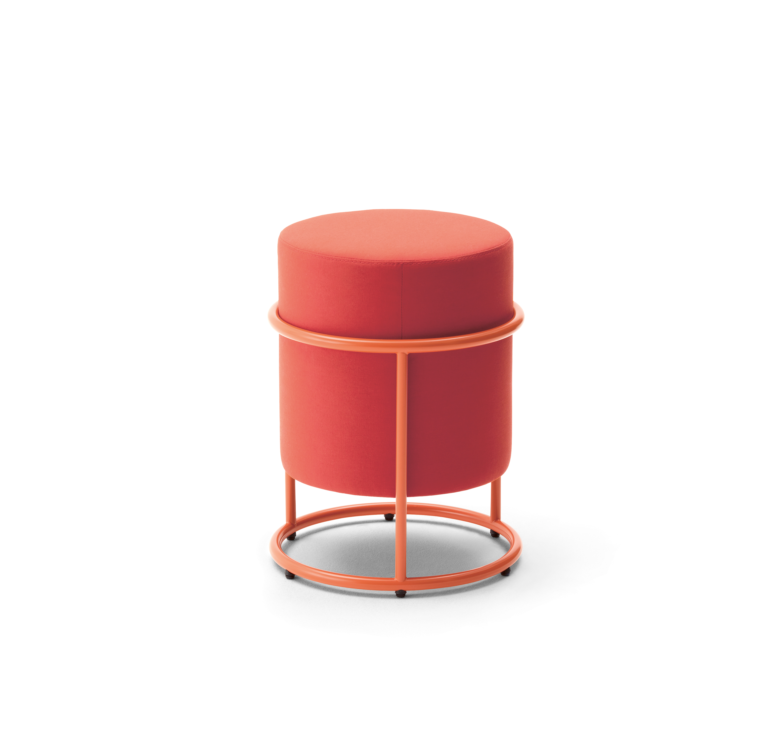 Roter Drop Hocker mit orangefarbenem Metallgestell, Durchmesser 36 cm. Moderner Sitzhocker für Wohnzimmer und Büro.