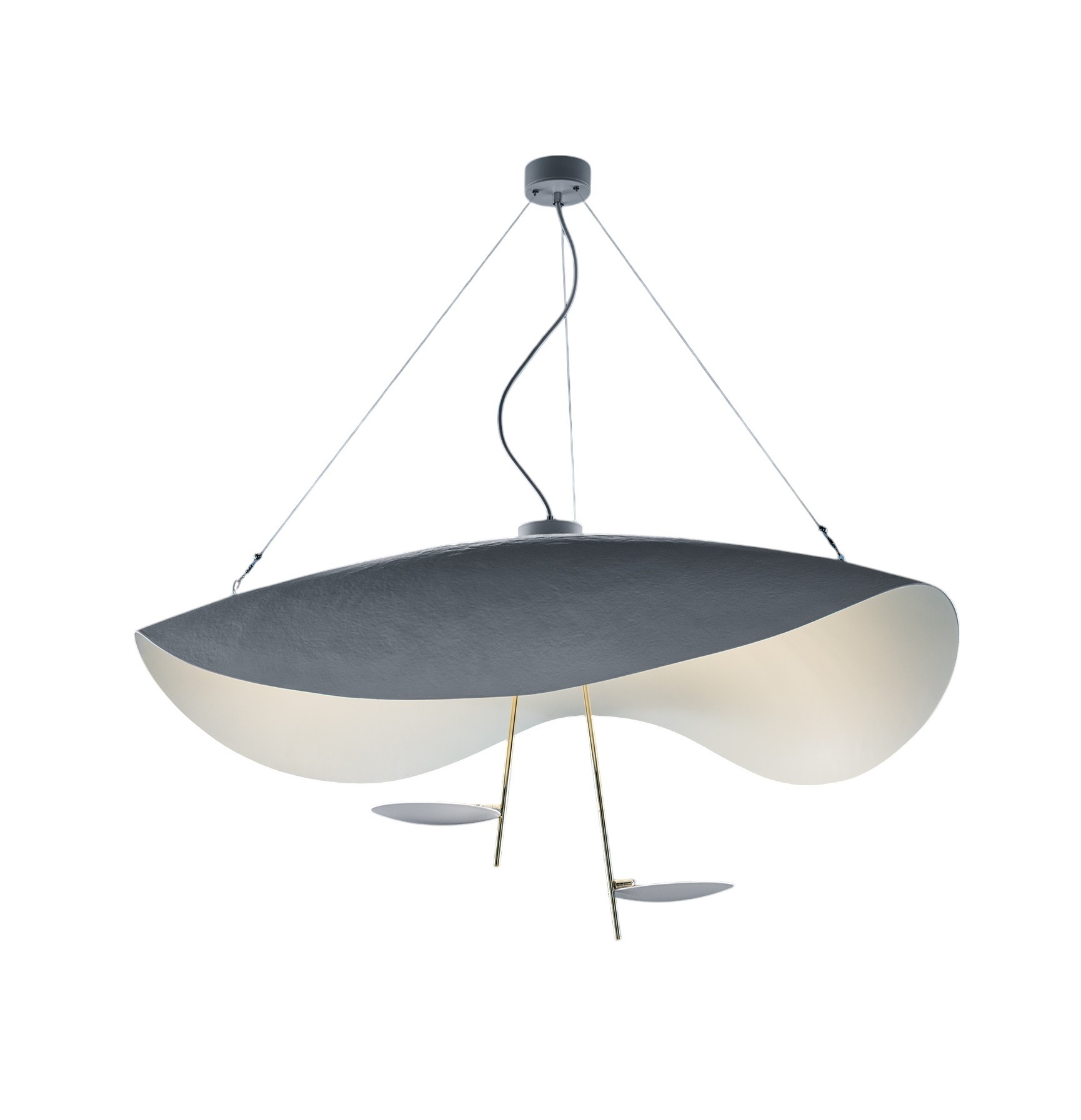 Graue Lederam Manta Pendelleuchte von Catellani & Smith mit indirektem Licht und goldenen Details.