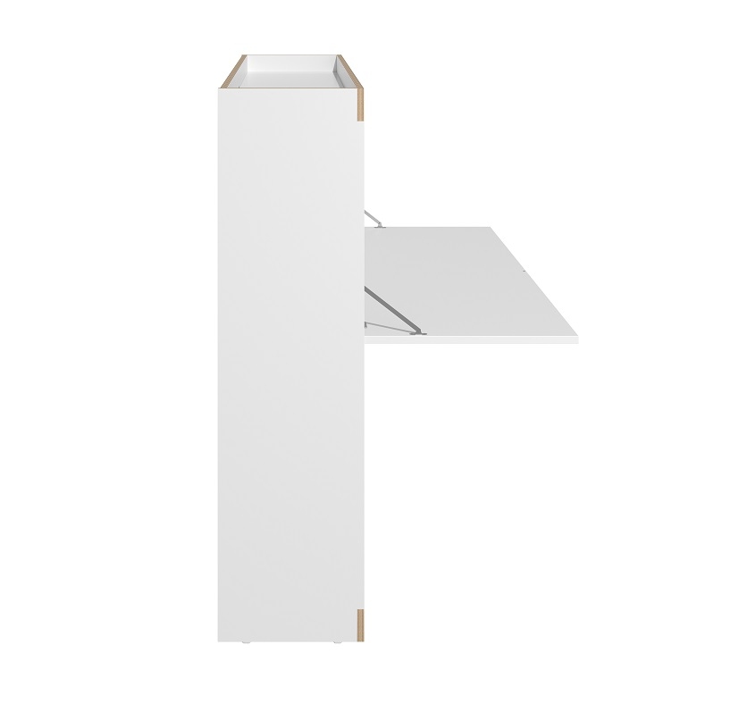 Weißer FLAI Sekretär von Müller Möbelwerkstätten mit ausgeklappter Arbeitsfläche für Home-Office.