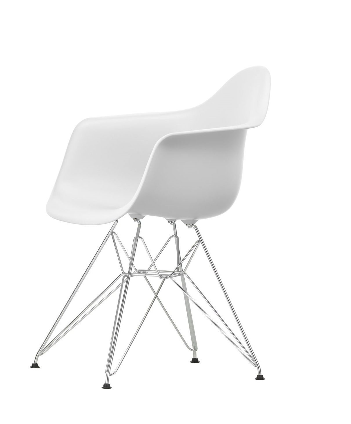 Weißer Eames Plastic Armchair DAR Stuhl von Vitra mit verchromtem Drahtgestell, von hinten fotografiert.